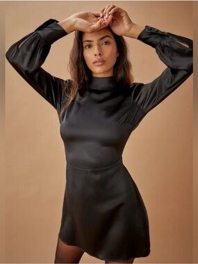 Reformation Black Satin Mock-Neck Long-Sleeve Mini Dress